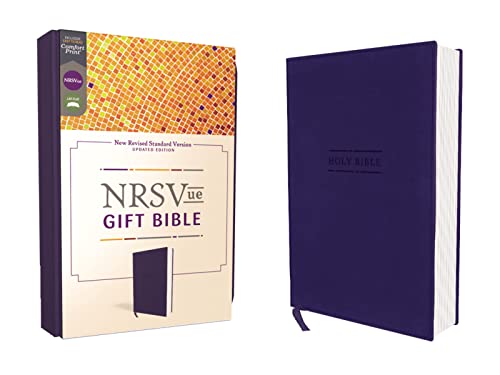 Blue leathersoft Bible with gold-edged pages, shown with gift packaging.