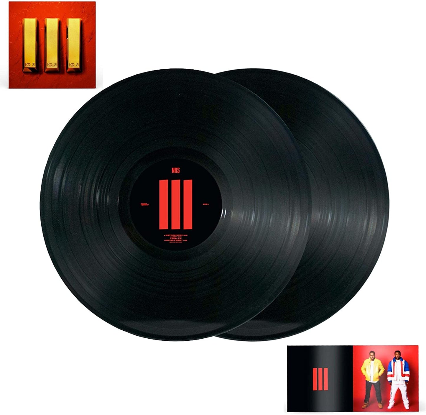 Black vinyl record with gold and red label, and album cover art shown.