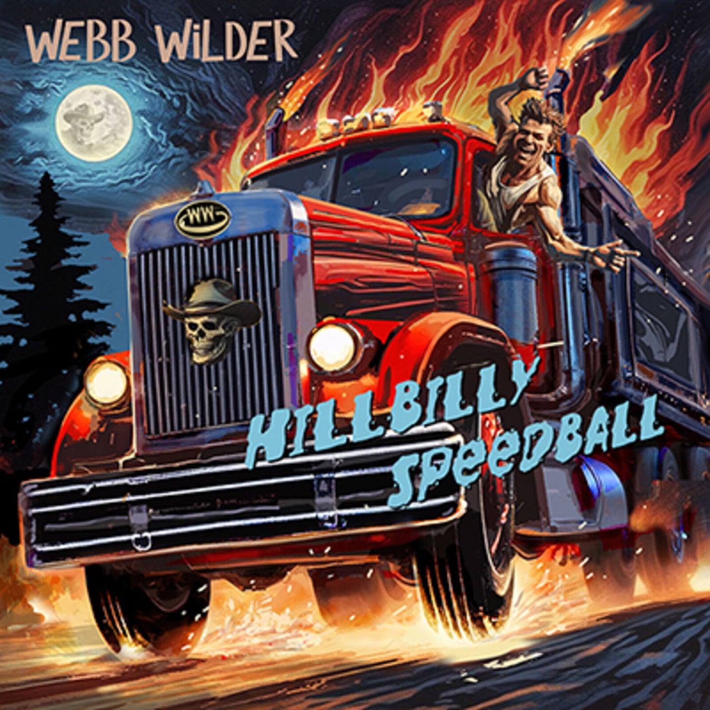 Red truck with skull emblem, flames, and a waving figure.