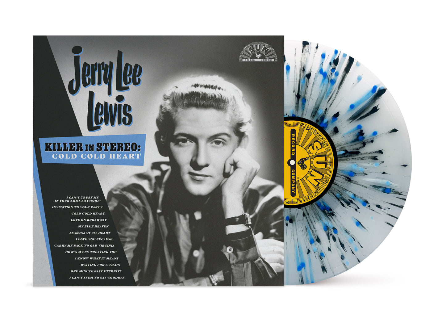 Jerry Lee Lewis vinyl record with portrait and blue-white swirl pattern.