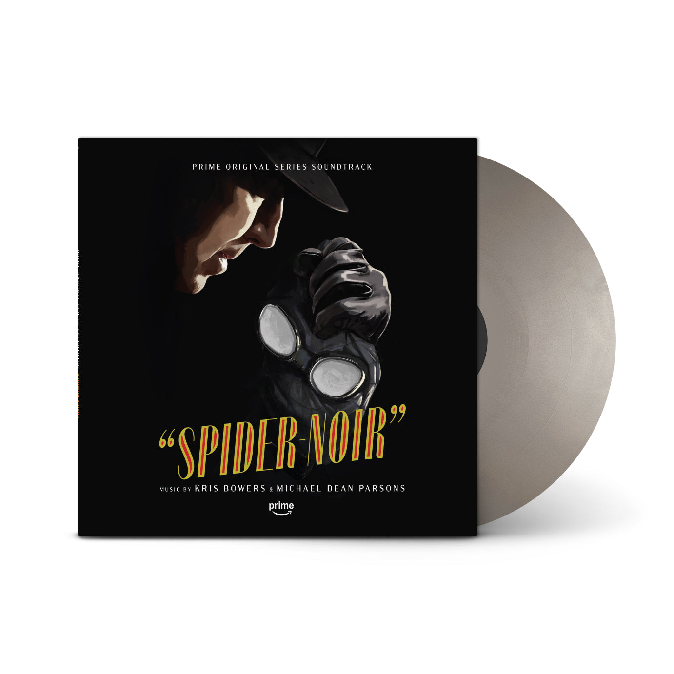 “Spider-Noir” soundtrack vinyl record with a shadowy figure and goggles.
