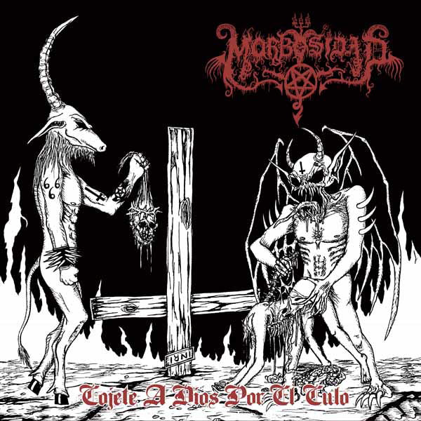 Black and white illustration of demonic figures and a crucified head.