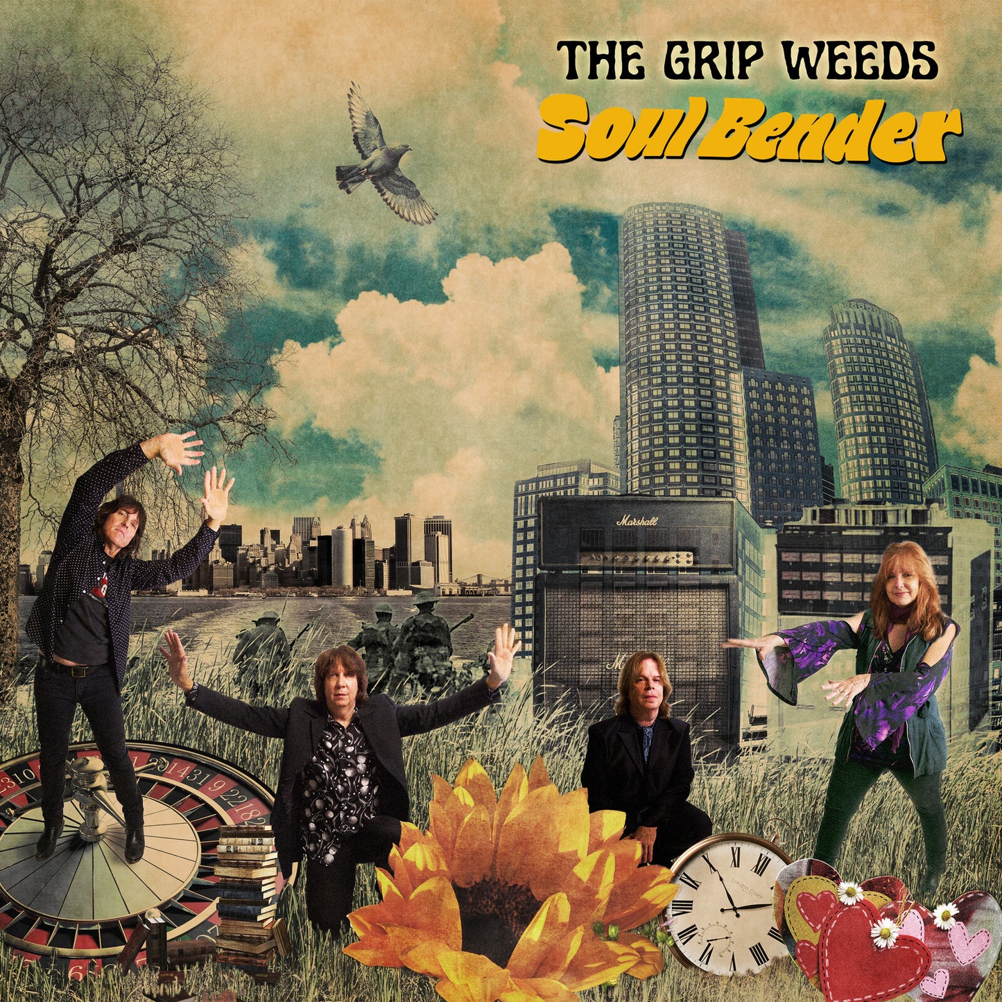 Vinyl album cover for The Grip Weeds' "Soul Bender" with band and city collage.