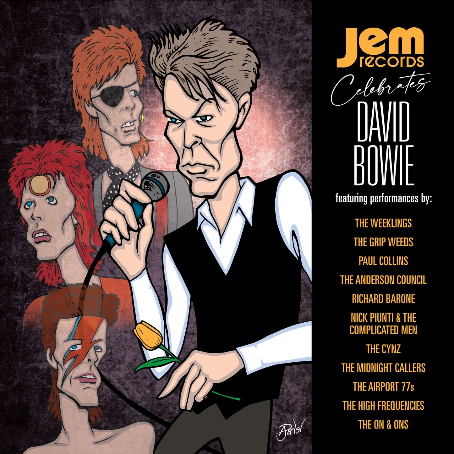 Record cover: Cartoon portraits of David Bowie and artist signatures.
