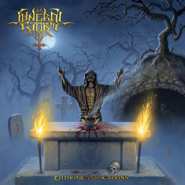 Album cover: hooded figure at altar with flames, graveyard background.