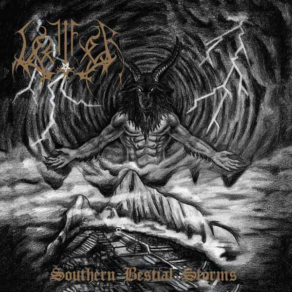 Black and white album cover depicting a horned demonic figure in a stormy landscape.