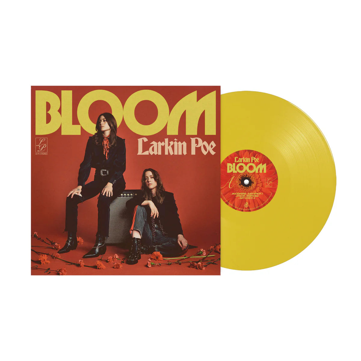 Yellow vinyl LP of Larkin Poe’s “Bloom” album with portrait cover.