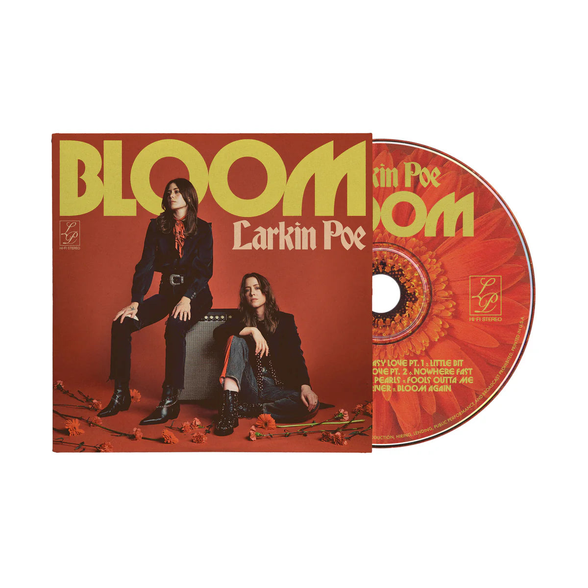CD cover for Larkin Poe’s “Bloom” featuring two women and floral imagery.