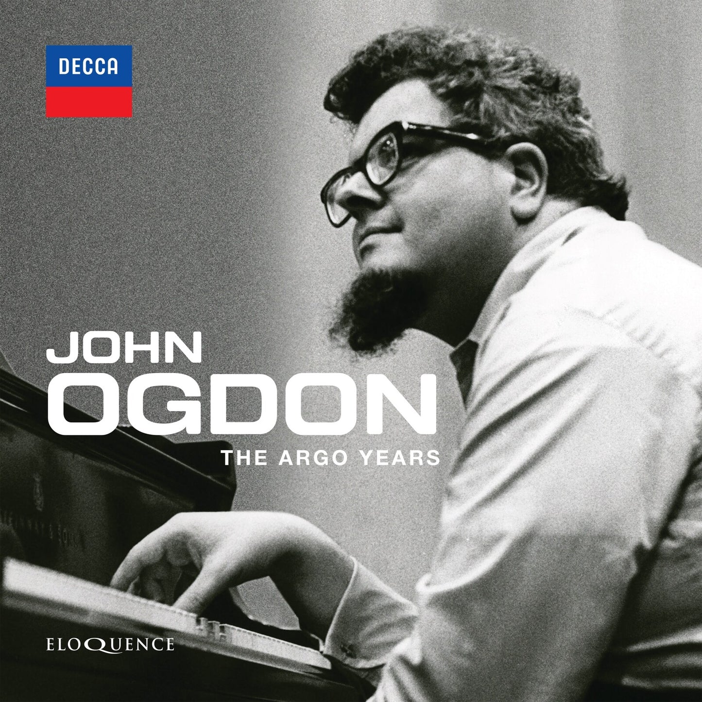 Black and white portrait of pianist John Ogdon with piano keys.