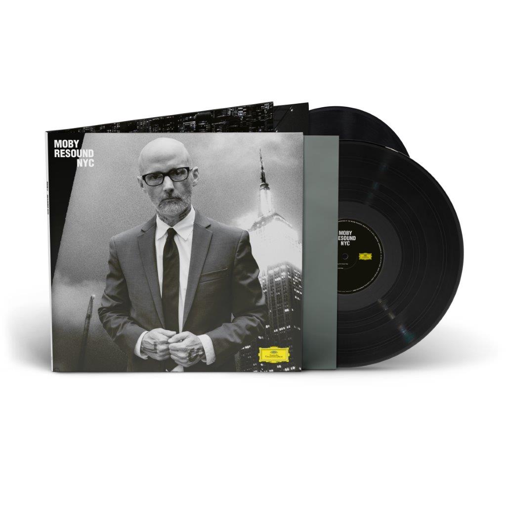Moby “Resound NYC” vinyl record with black cover and portrait.