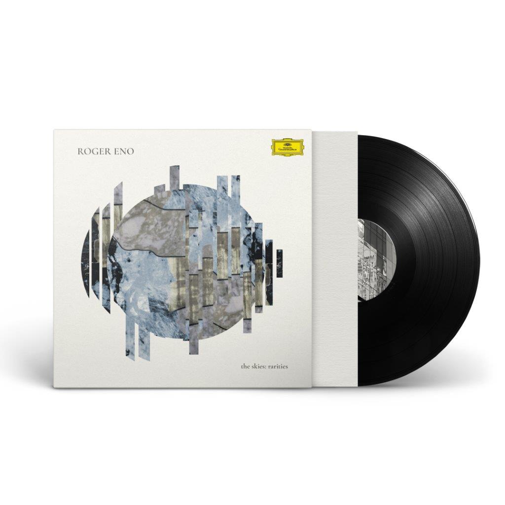 Roger Eno "The Skies: Rarities" vinyl record with abstract cover art.
