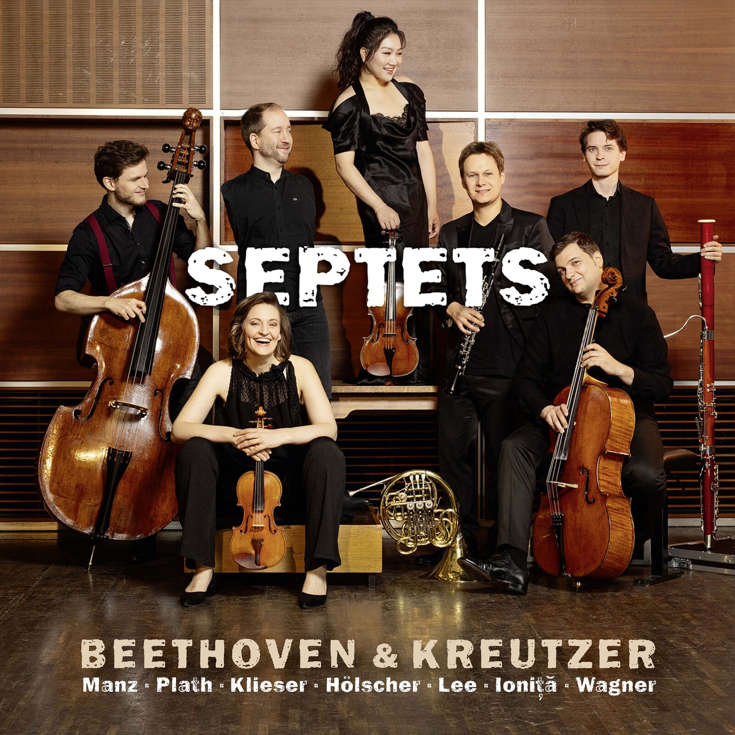 Seven musicians with string and wind instruments, album cover for Beethoven & Kreutzer.