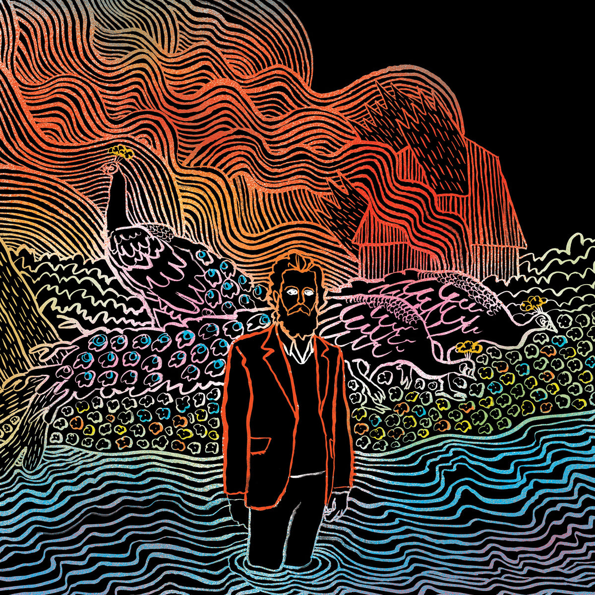 Album cover for Iron & Wineās āKiss Each Other Cleanā with illustrated man in water.