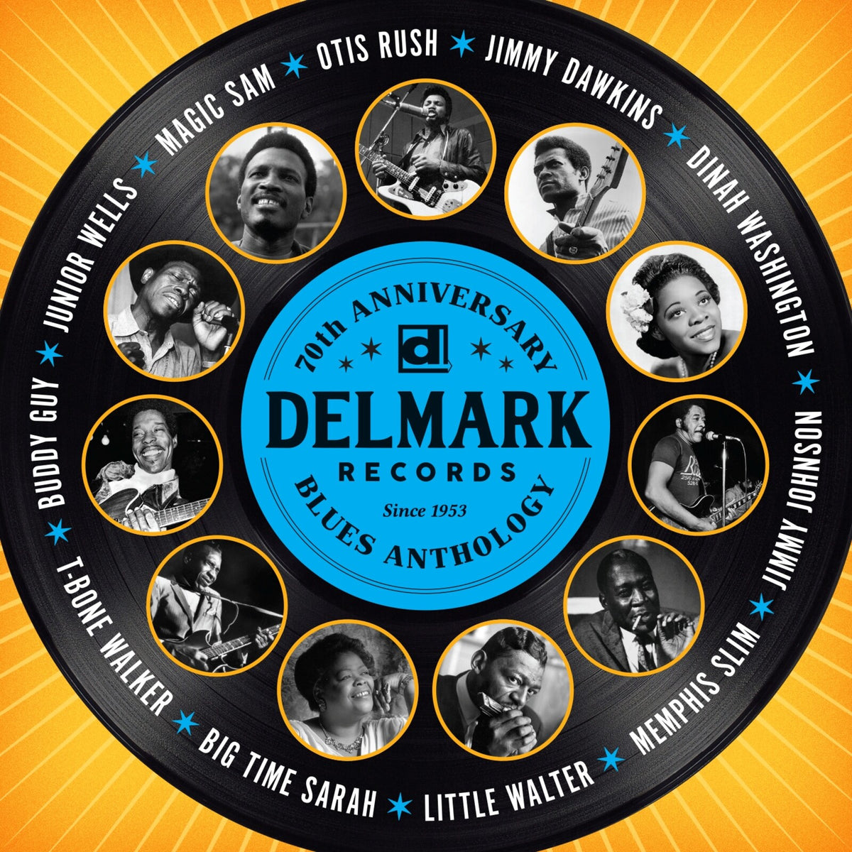 Delmark Records 70th Anniversary vinyl album cover featuring blues musicians.