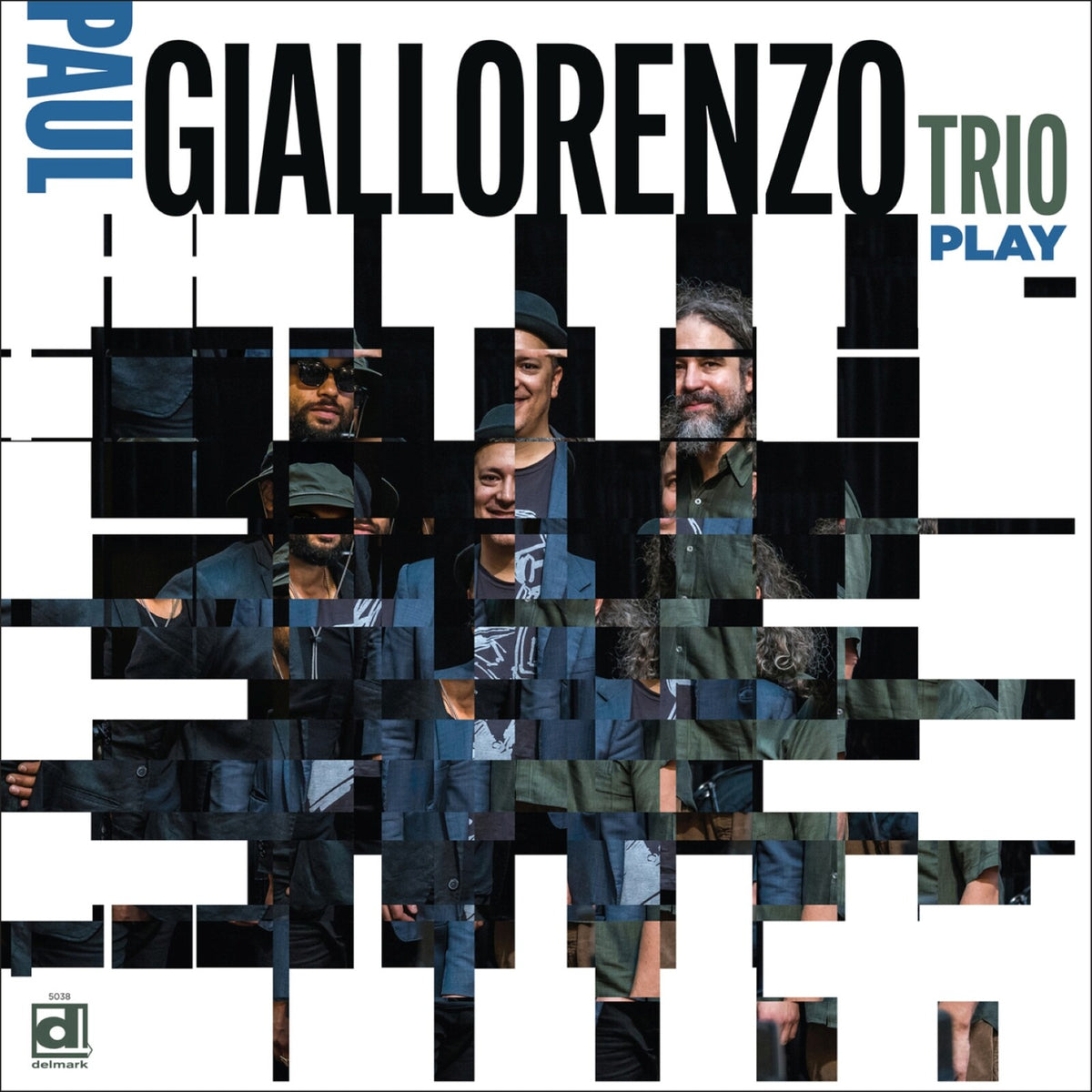 Vinyl record cover for Paul Giallorenzo Trio’s “Play,” featuring fragmented portraits.