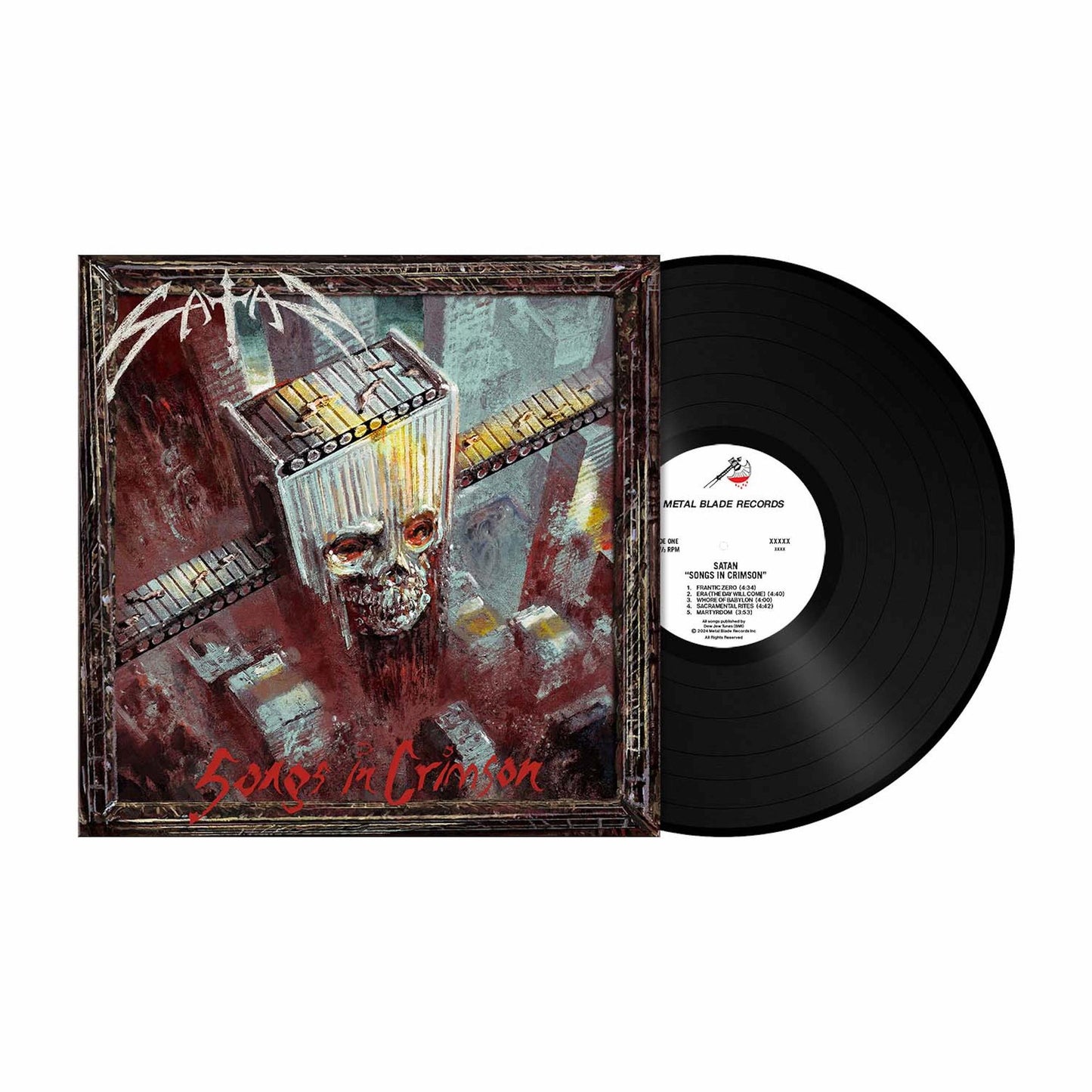 Vinyl record of "Songs In Crimson" by Satan, with gothic imagery.