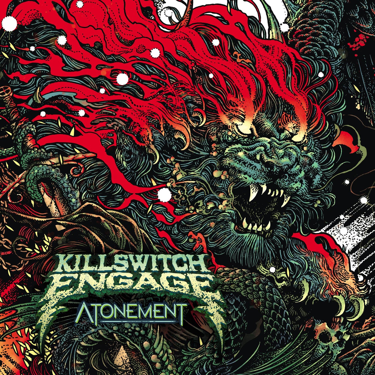 CD cover for Killswitch Engage’s “Atonement” featuring intricate red and green artwork.