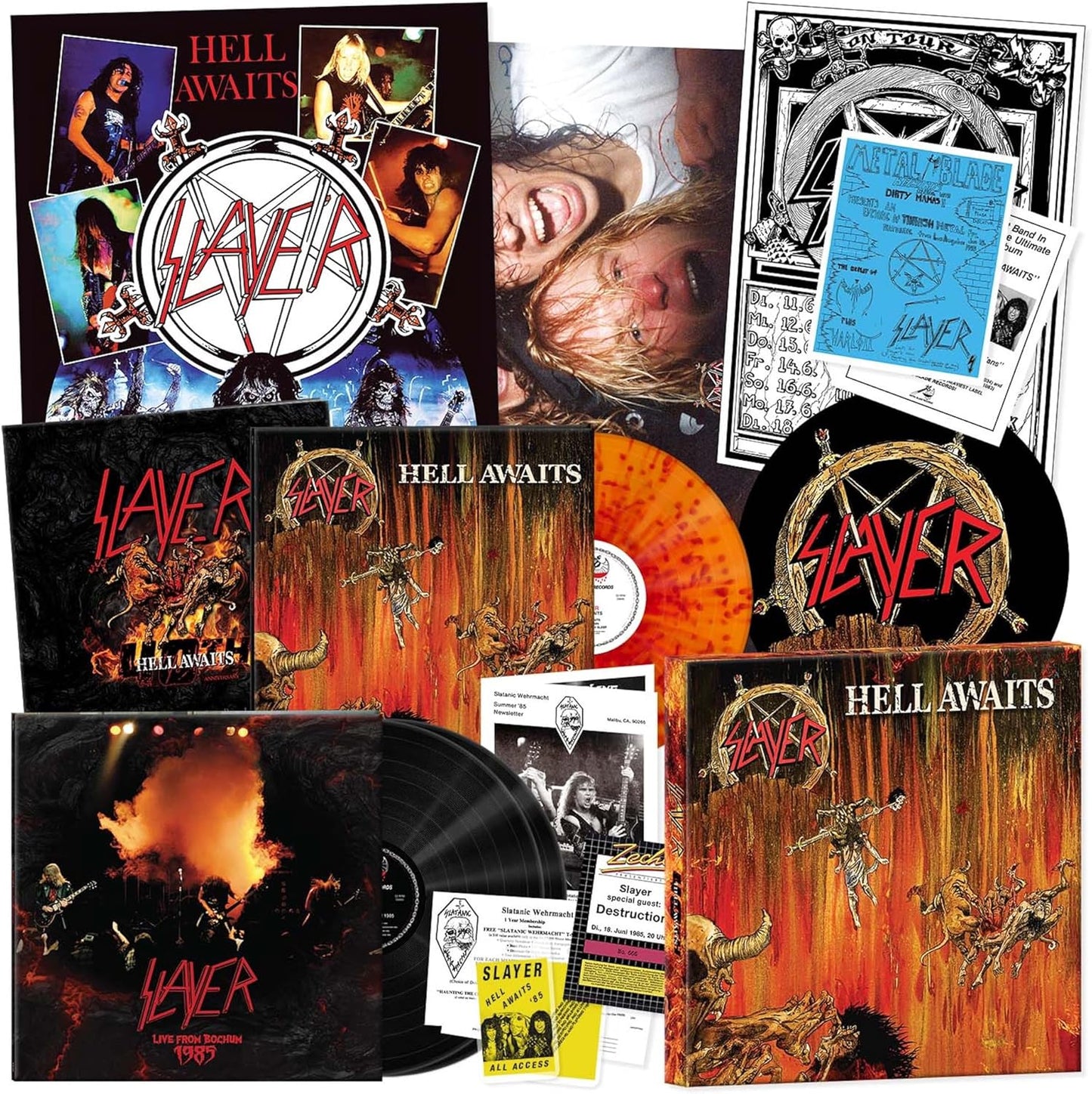 Slayer Hell Awaits 40th anniversary vinyl box set with records, posters, and printed inserts.