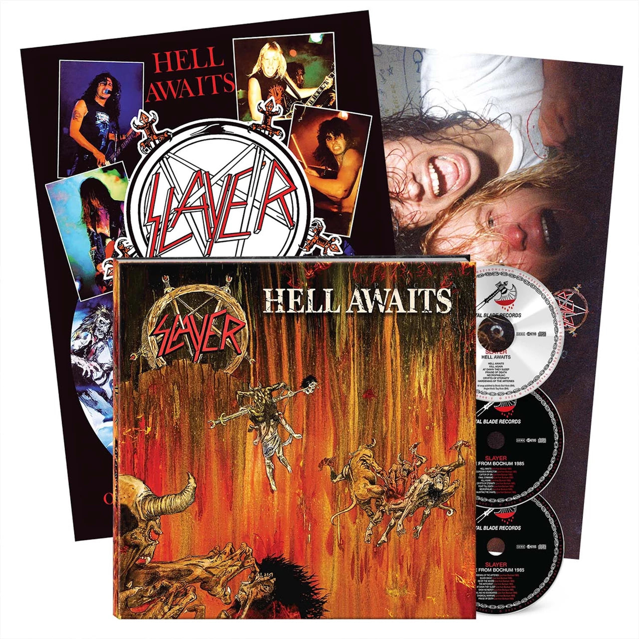 Slayer Hell Awaits 40th anniversary CD box set with album art, discs, and inserts.