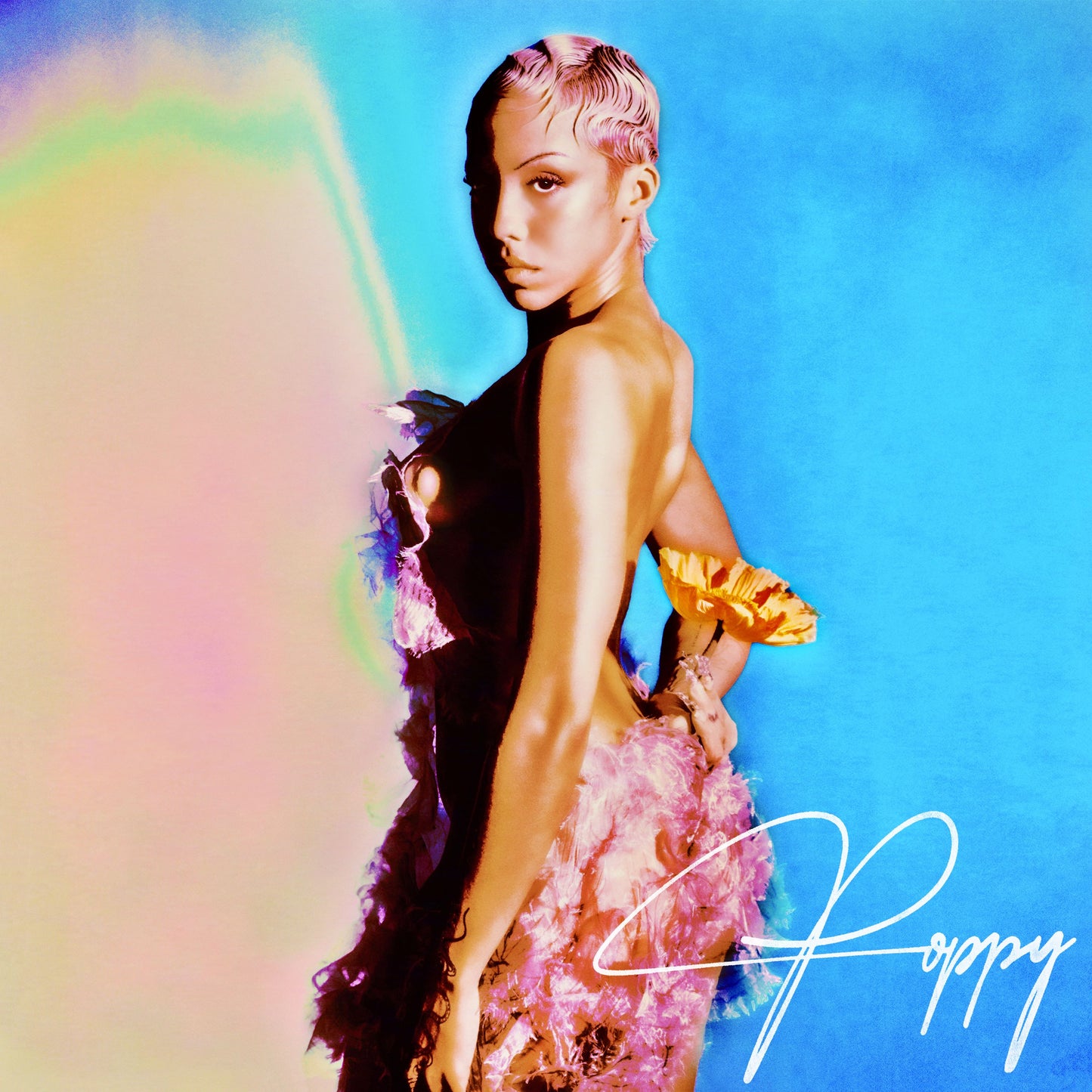 Poppy Ajudha album cover, artist facing away in a ruffled dress.