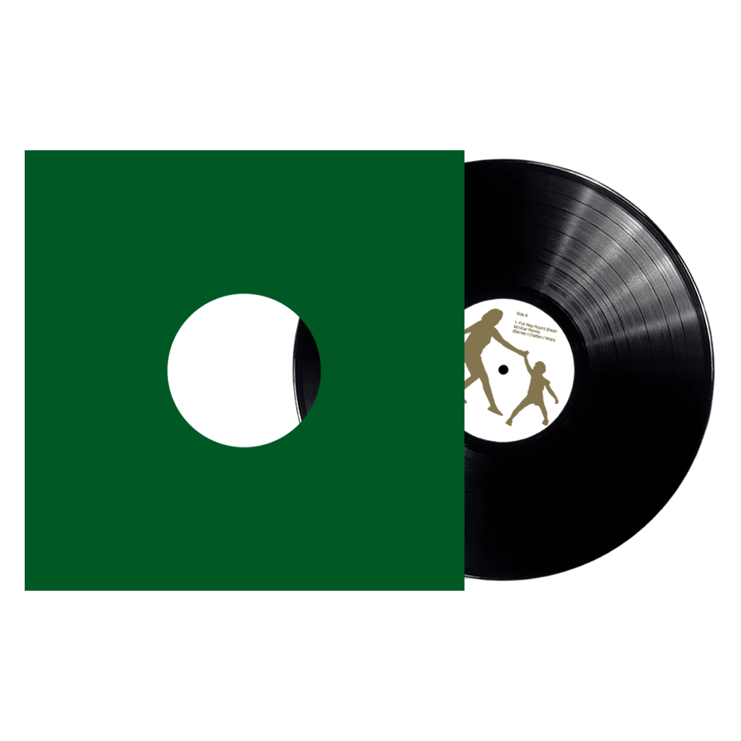 Green vinyl record with a white label showing two figures kicking a ball.