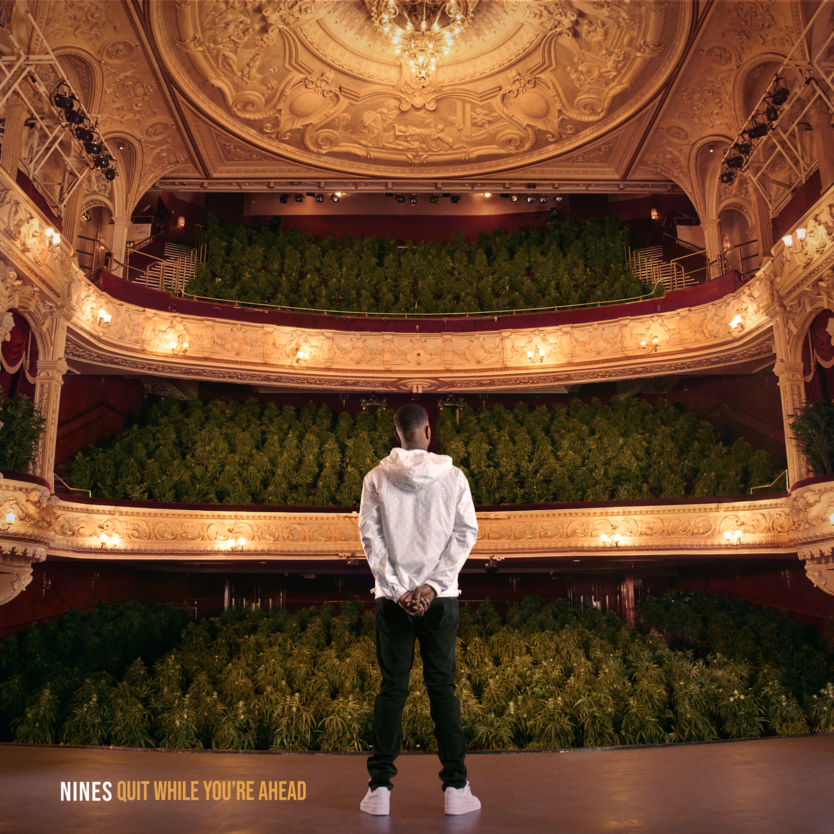 Man stands on stage in ornate, empty theater; album cover.