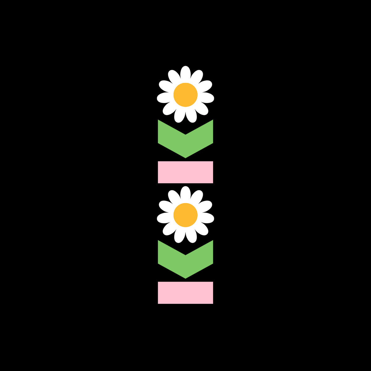 Black background with a vertical arrangement of stylized daisy flowers.