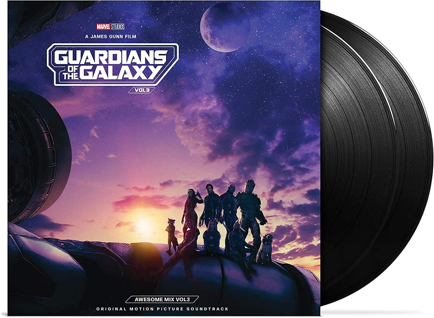Guardians of the Galaxy Vol. 3 soundtrack vinyl record with character art.