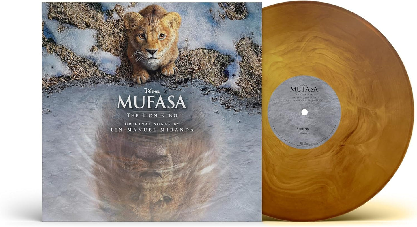 Mufasa: The Lion King vinyl album cover and a marbled amber-colored vinyl record.