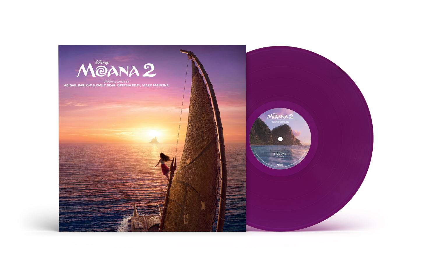 Moana 2 vinyl record with purple disc and ocean cover art.