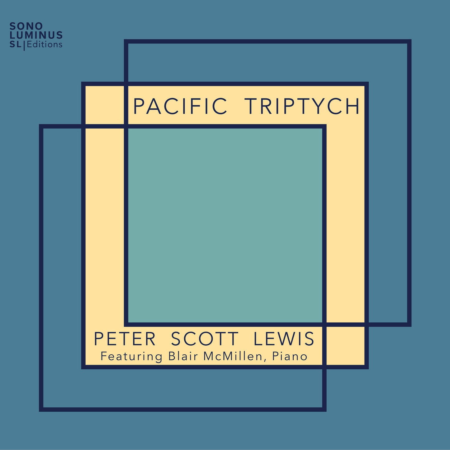 Album cover with text Pacific Triptych and Peter Scott Lewis over overlapping geometric squares.