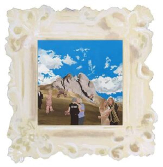Album cover with people near mountains under a cloudy blue sky.