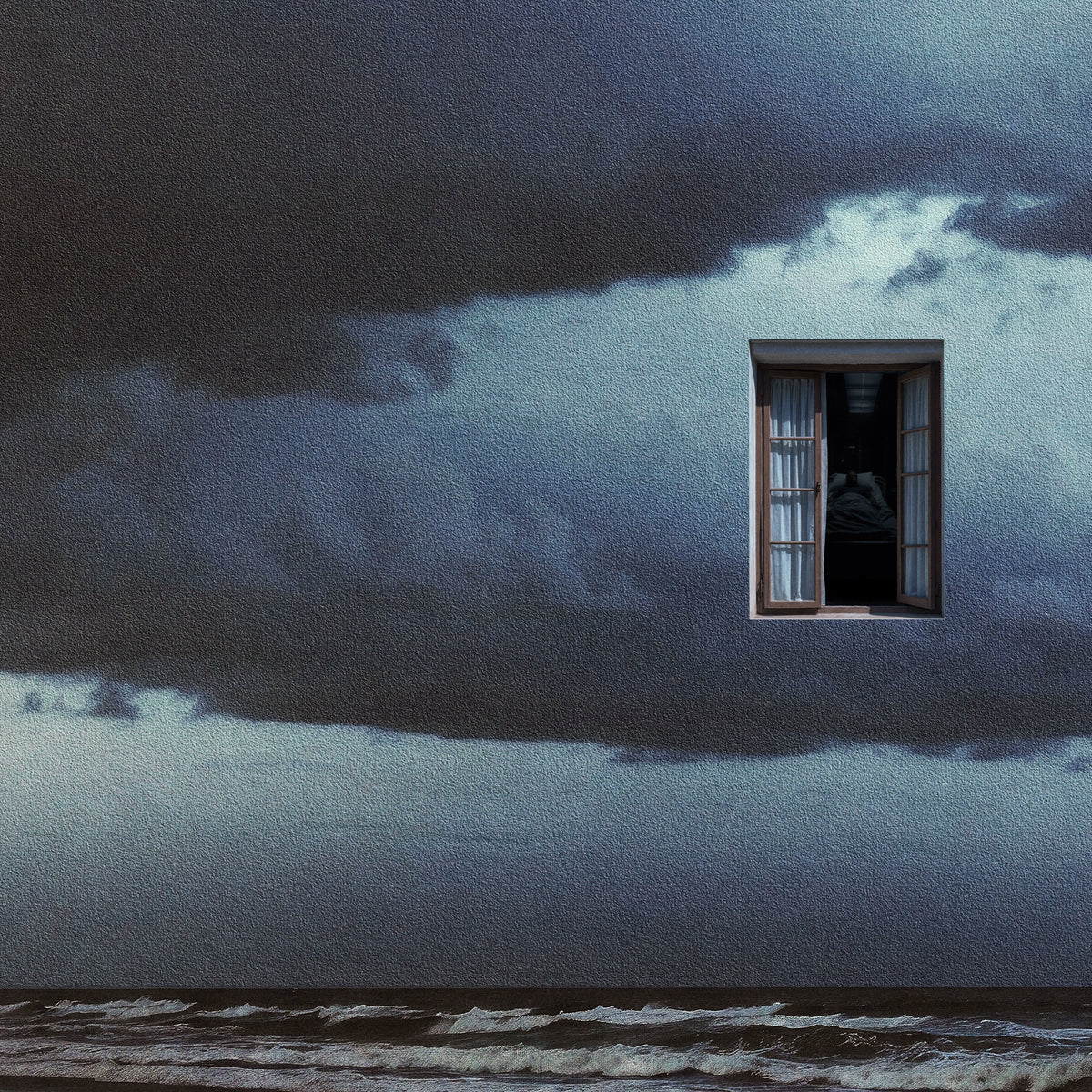 Dark blue album cover with a window overlooking water.