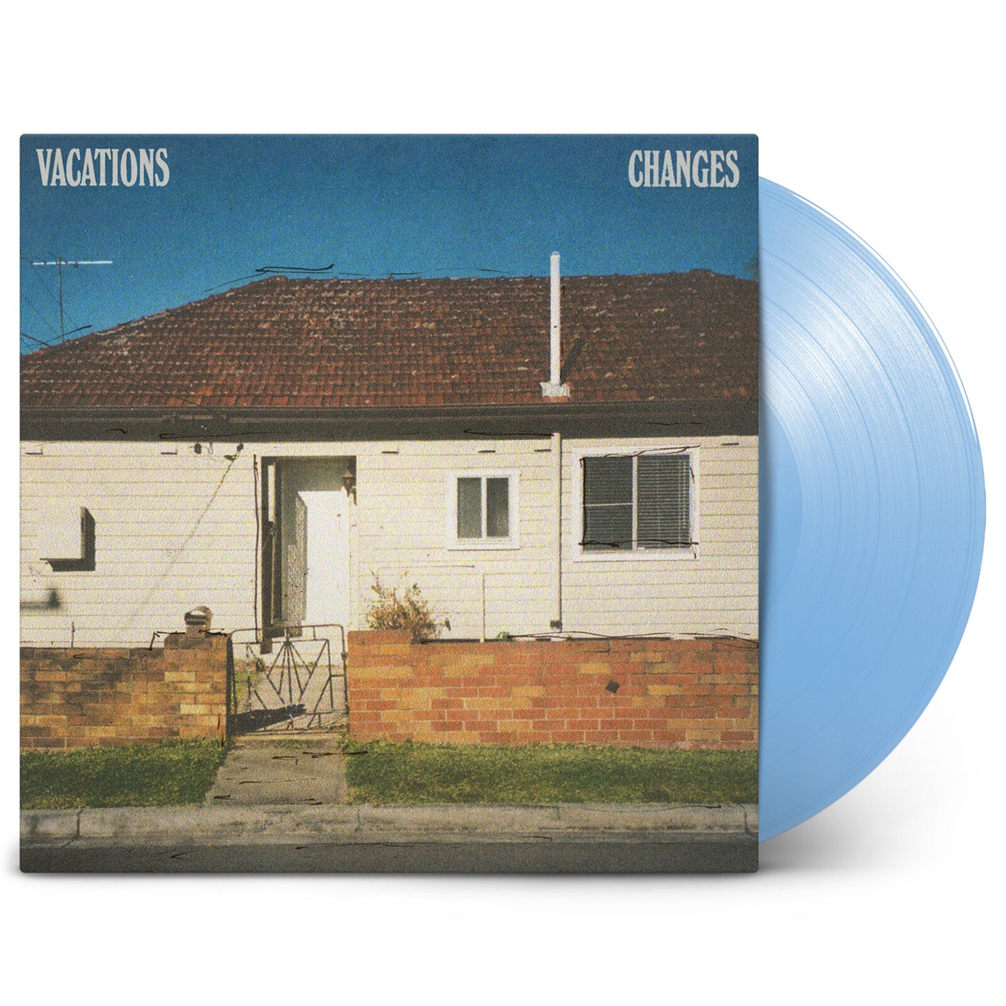 Vinyl record cover featuring a house and a light blue vinyl disc behind it.