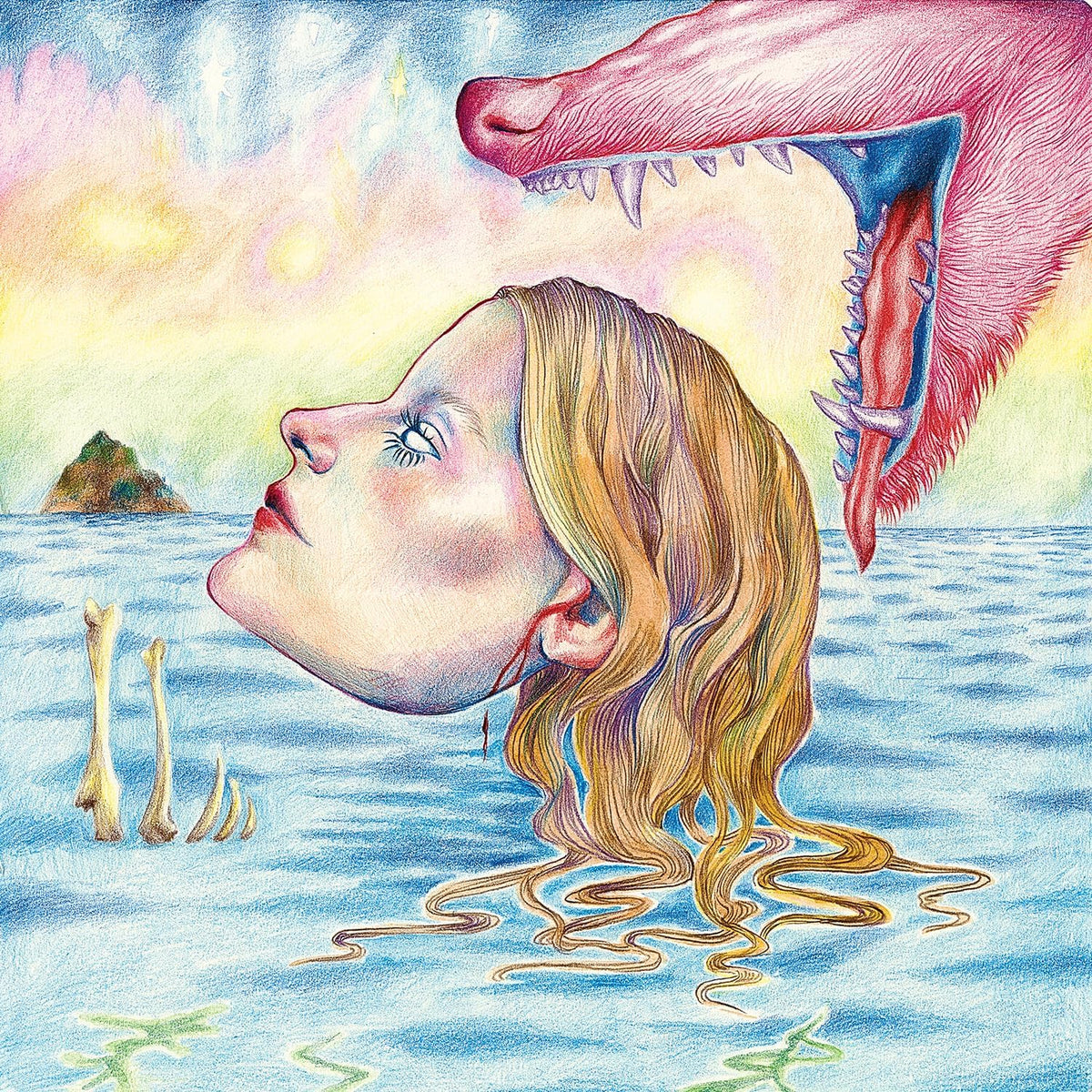 Colored pencil illustration of a woman's head in water, with a monstrous mouth above.