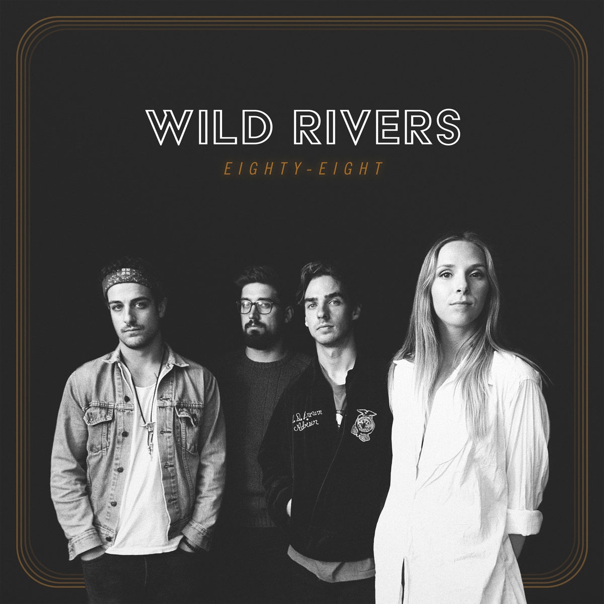 Black and white album cover featuring the band Wild Rivers and their faces.