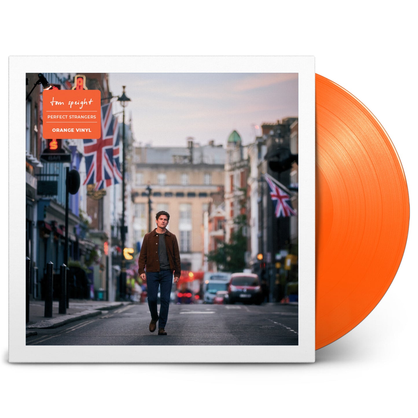 Tom Speight album "Perfect Strangers" vinyl record with orange disc.
