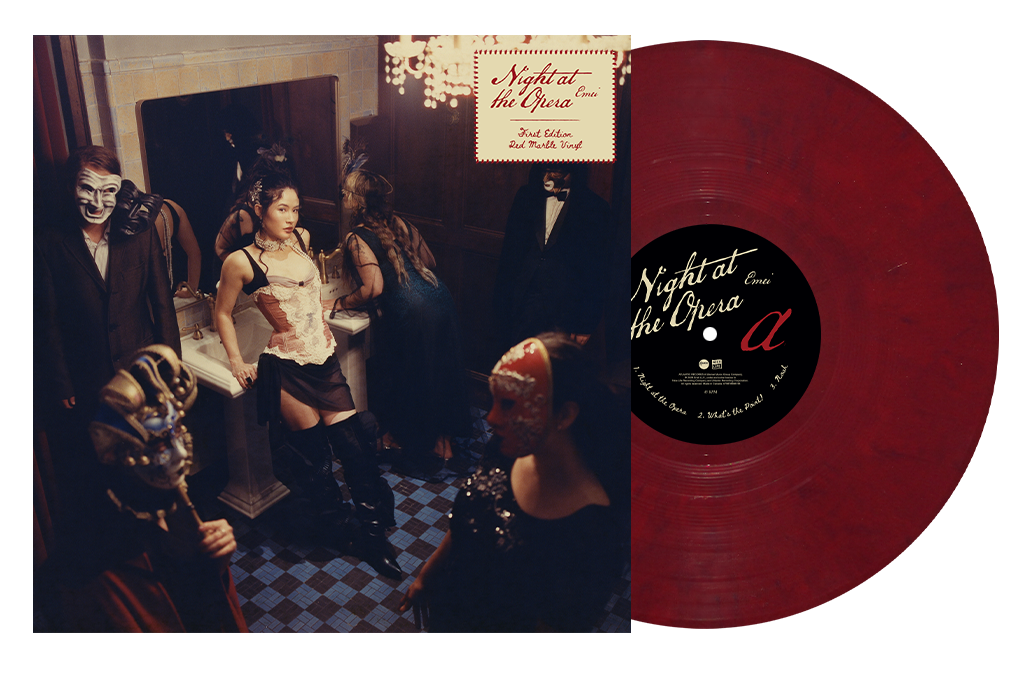 Night at the Opera" vinyl record with marbled red disc and cover art.