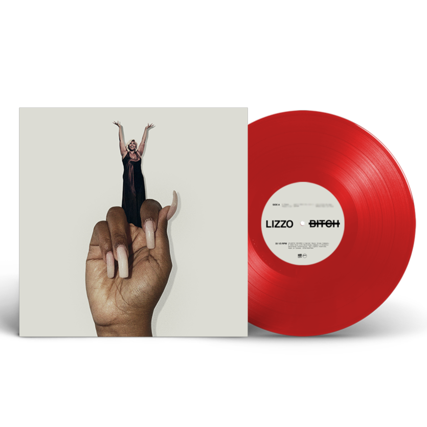 Red vinyl LP of Lizzo’s “Bitch” with cover art of a hand and figure.