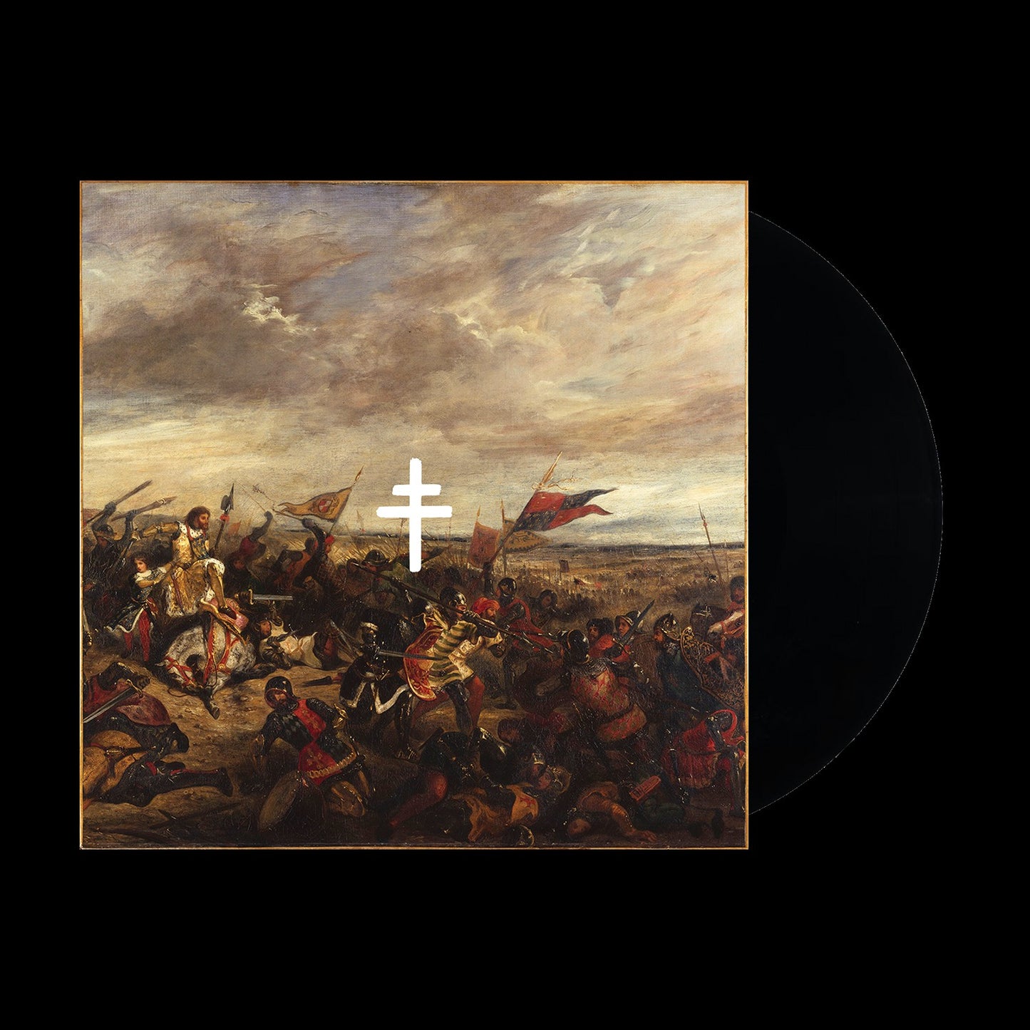 Painting of a chaotic battle scene with a white cross overlay and vinyl record.