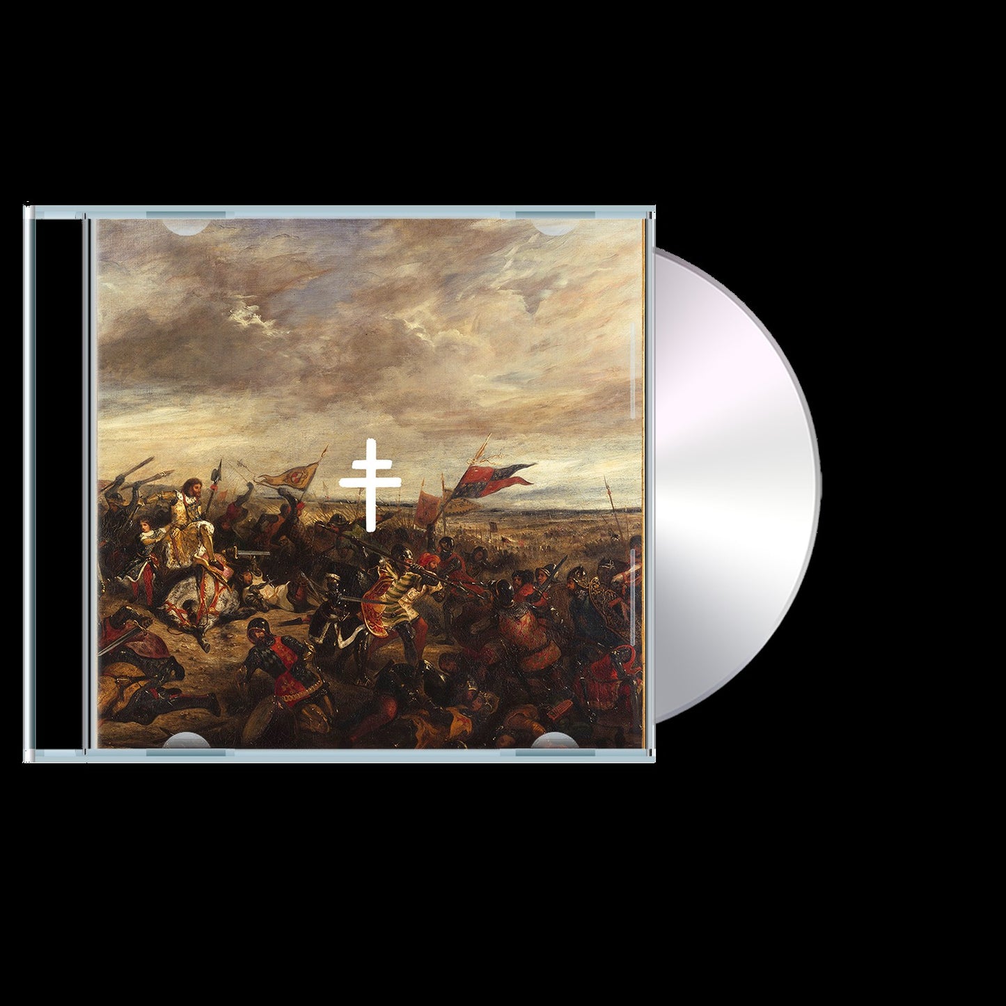CD case with a painting of a historical battle scene and a cross.