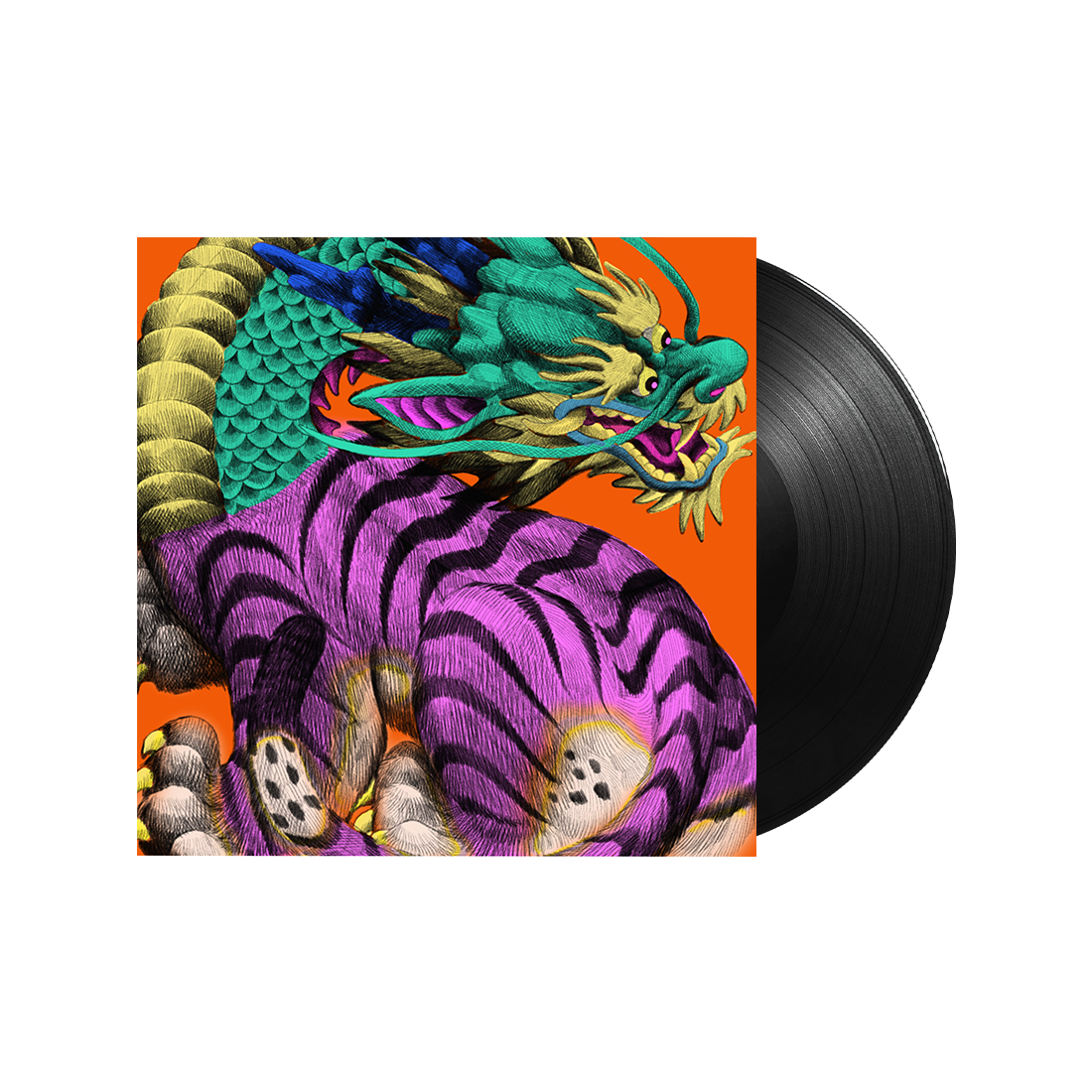 Vinyl record next to cover art featuring a colorful dragon-tiger hybrid on orange background.
