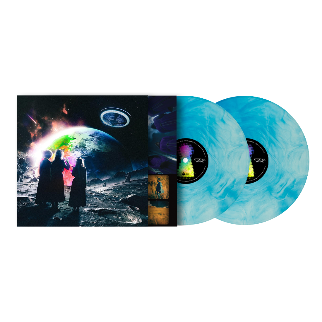 Album cover with space art and two marbled light blue vinyl records.
