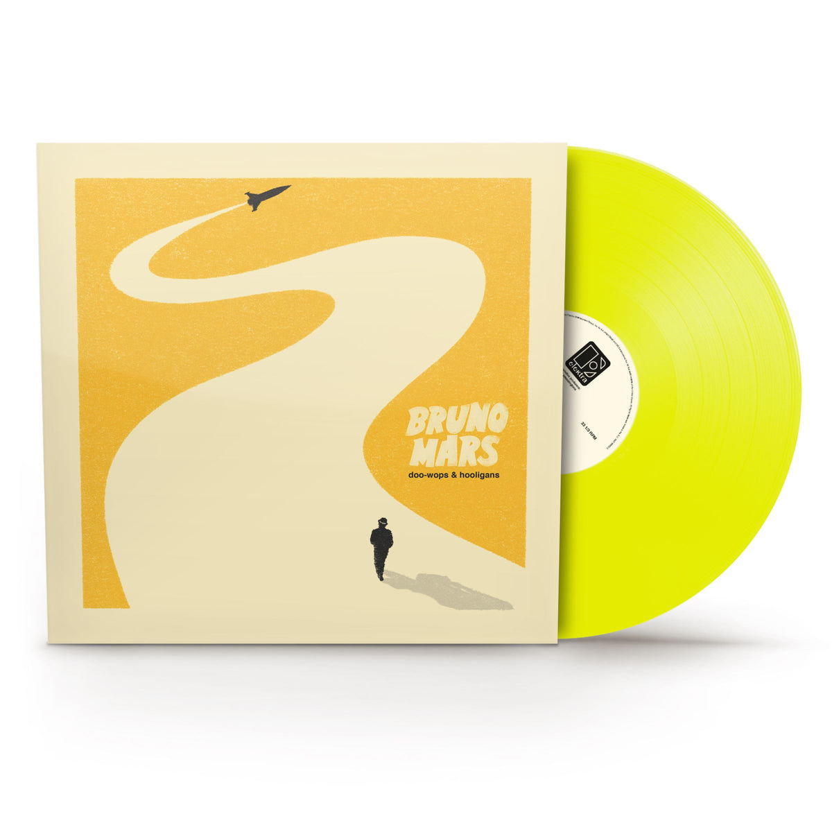 Yellow vinyl record of Bruno Mars’ “Doo-Wops & Hooligans” with cover art.