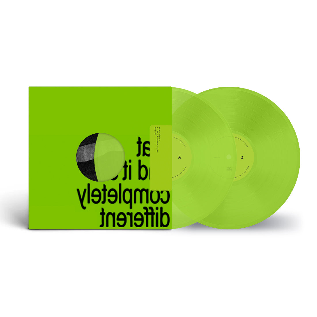 Bright lime green vinyl record sleeve and two matching translucent lime green vinyl discs.