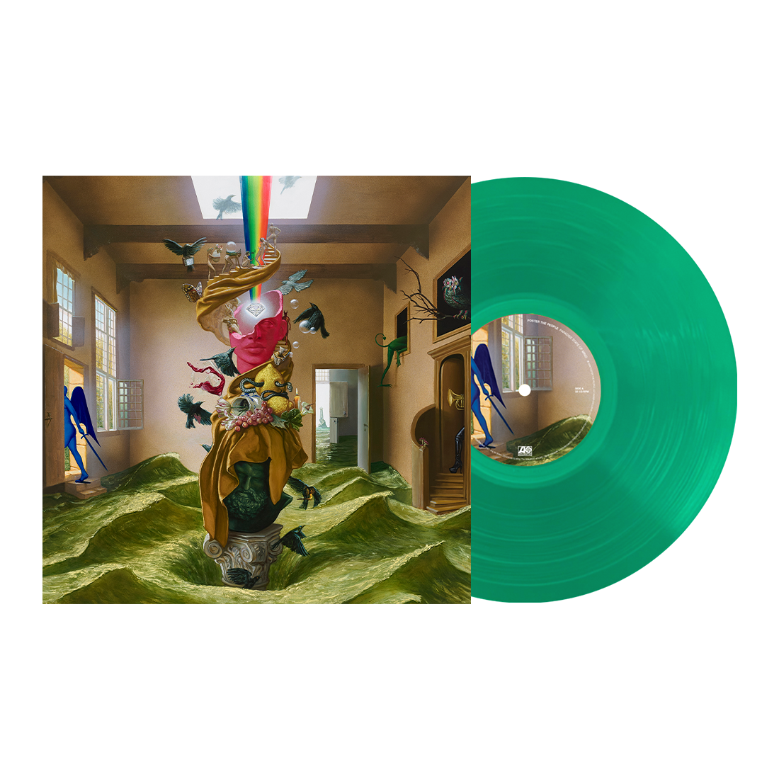 Foster the People "Paradise" vinyl record with surreal album art and green disc.