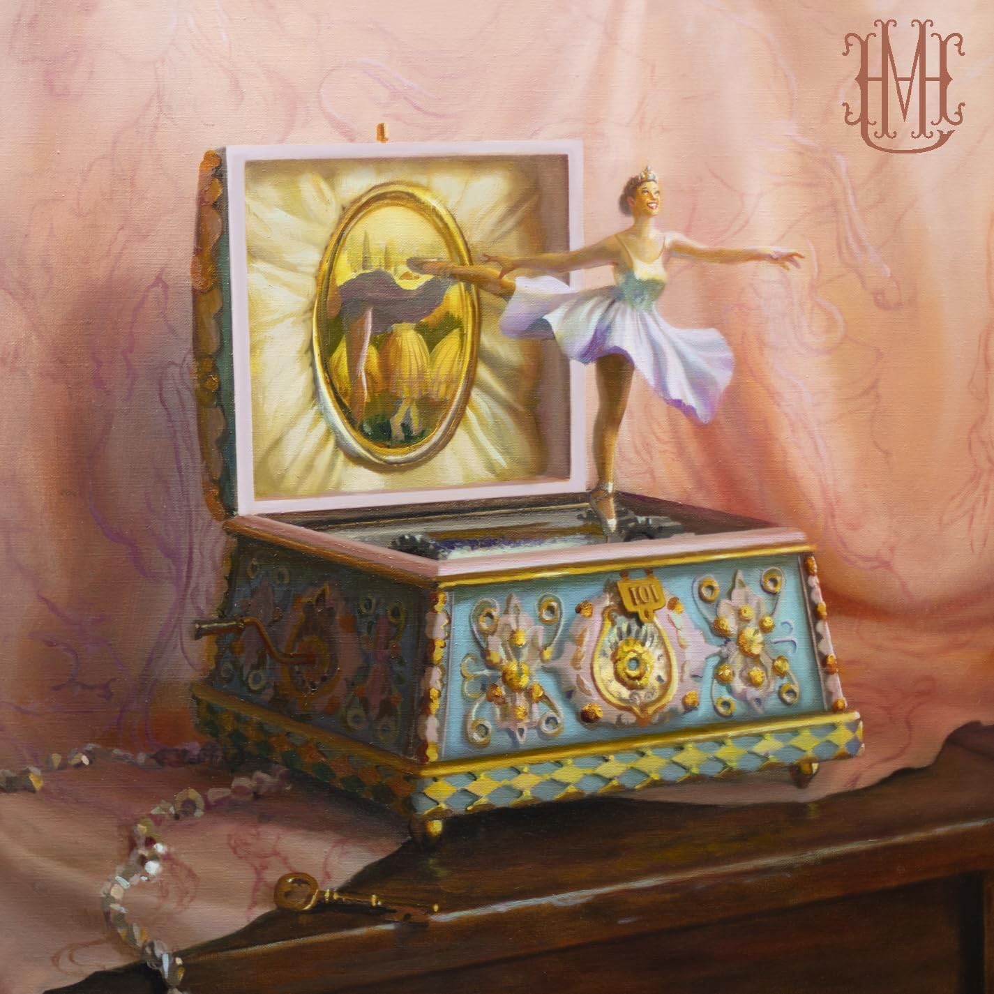 Painted image of an ornate, open music box with a ballerina figurine.