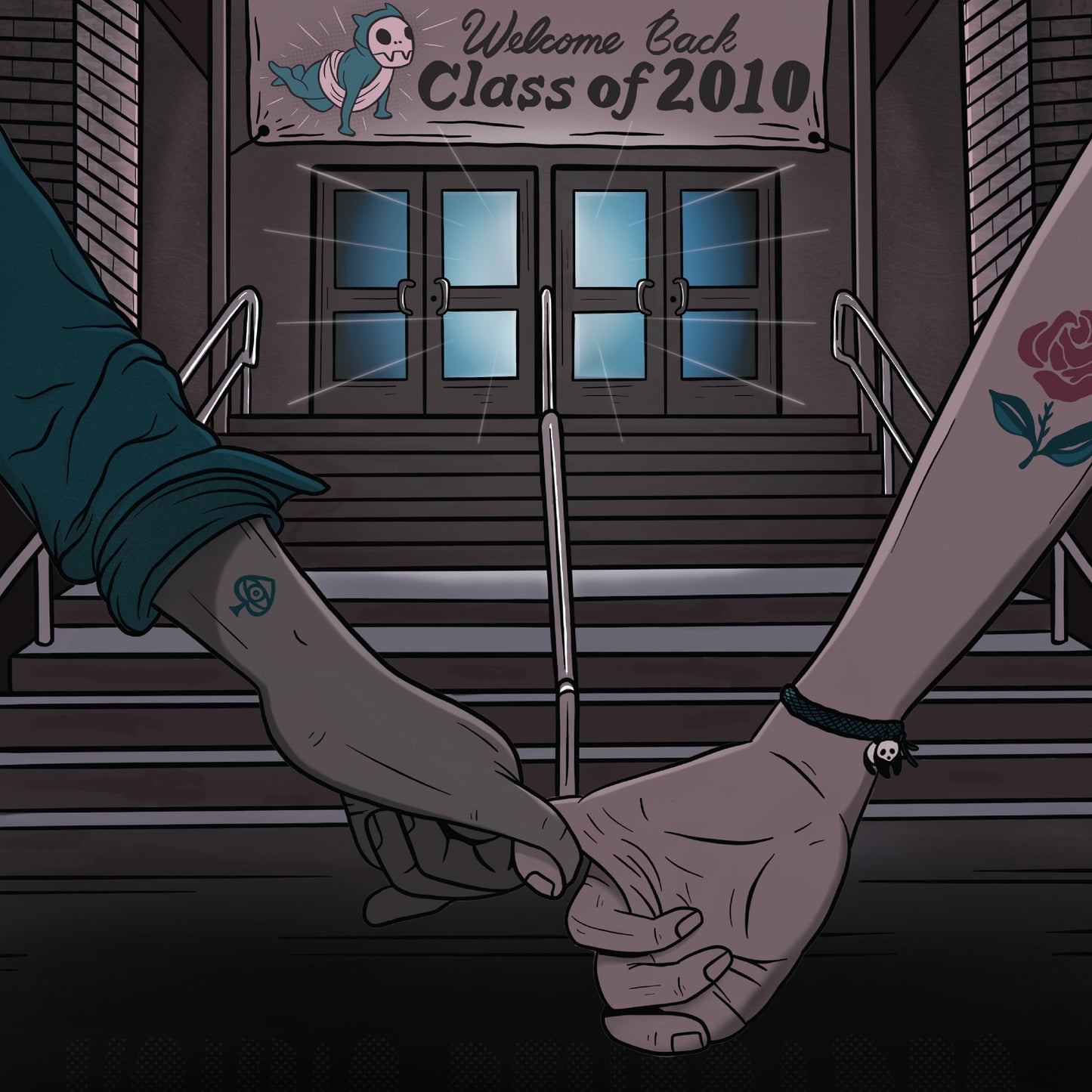 Illustration of two tattooed arms holding hands in front of a school.