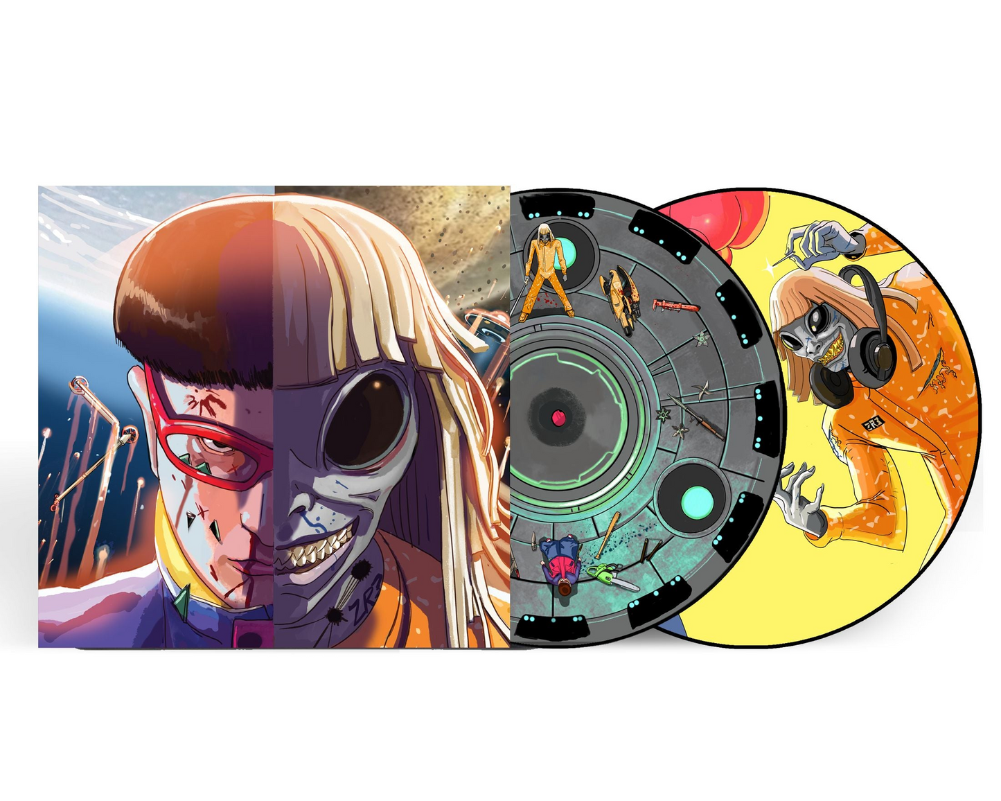 Two colorful vinyl records featuring an anime-style character with goggles.