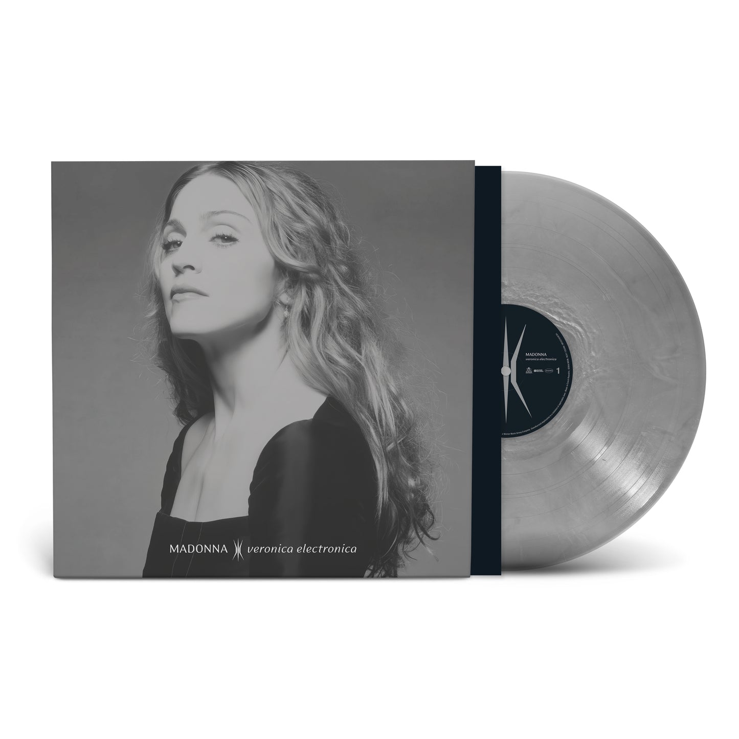 Madonna album cover and silver vinyl record, black and white image.